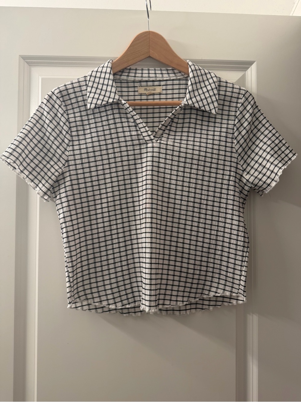 Madewell White Short-Sleeve Collared Top with Black Windowpane Check